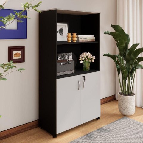 Armário Estante New City 2 Portas MDP 80cm Cinza Cristal e Preto Gebb Work