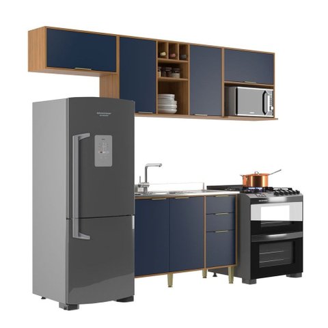 Cozinha Compacta Domus 6 Portas 3 Gavetas Nogal/royal - Hecol Móveis
