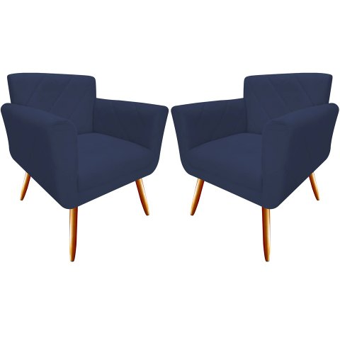 Kit 2 Poltronas Decorativa Sabrina Suede Azul Marinho Pés Madeira Mz Decor