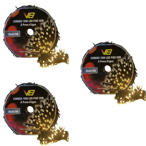Kit 3 Cordão 1000 Leds Fixo Prova D'Água 90m Branco Quente Bivolt