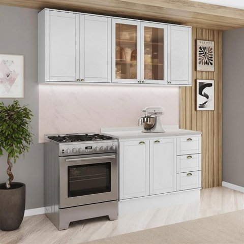 Cozinha Milla Terra 7 Portas 3 Gavetas MDF 200cm Branco Móveis Carraro