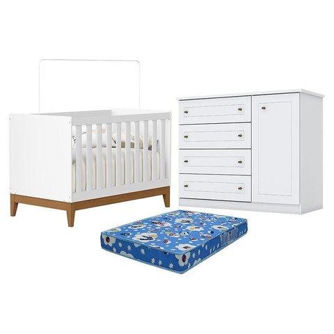 Berço Americano Flip Branco Acetinado Reller e Cômoda Infantil Americano Branco Hp e Colchão