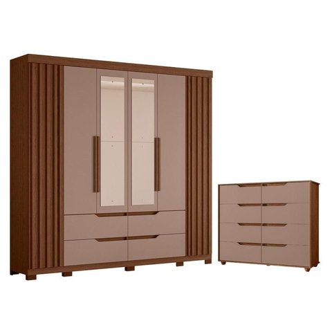 Guarda Roupa Doble Casal com Espelho 06 Portas e Cômoda Doble Flex Nogueira Capuccino - Móveis Albat