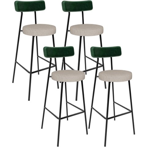 Kit 04 Banquetas Alta Bar Cozinha Sala De Jantar Milão L02 Facto Verde Musgo Linho Bege - Lyam Decor