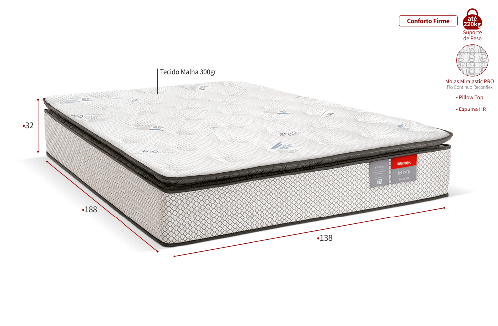 Colchão Casal Infinity Pillow Top Espuma Hr 138x188x32 Reconflex - 3