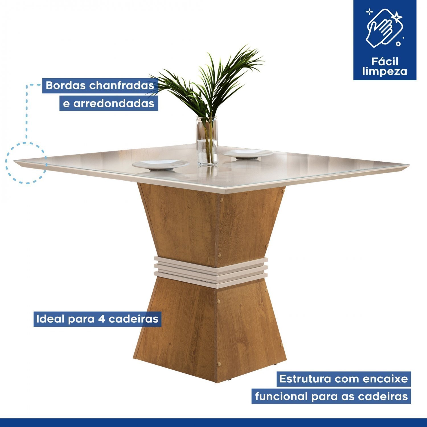 Mesa de Jantar c/ Tampo em Vidro / MDF Marrom