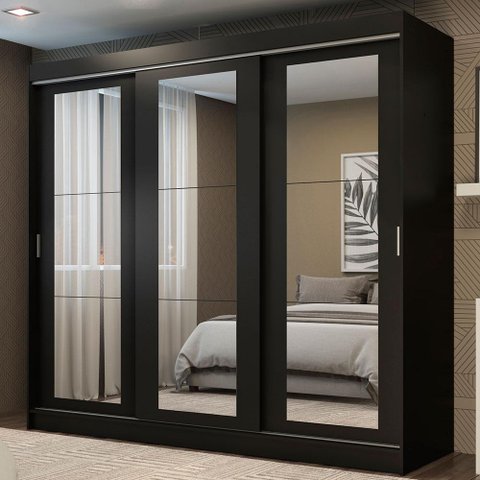 Guarda-roupa Casal Madesa Kansas 3 Portas de Correr de Espelho 3 Gavetas