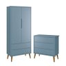 Jogo de Quarto Infantil Theo Retrô Guarda Roupa 2 Portas e Cômoda Azul com Pés Amadeirado - Reller M - 1