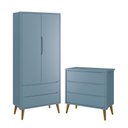 Ver imagem 1 de Jogo de Quarto Infantil Theo Retrô Guarda Roupa 2 Portas e Cômoda Azul com Pés Amadeirado - Reller M