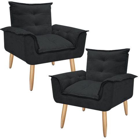 Kit 2 Poltrona Decorativa Gran Opala Suede Preto para Sala de Estar Luxo Escritório Quarto