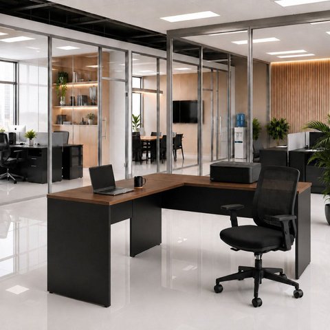 Mesa de Escritório em L 140x60cm + Cadeira Ergonômica Reclinável com Apoio Lombar,Pistão Classe 4