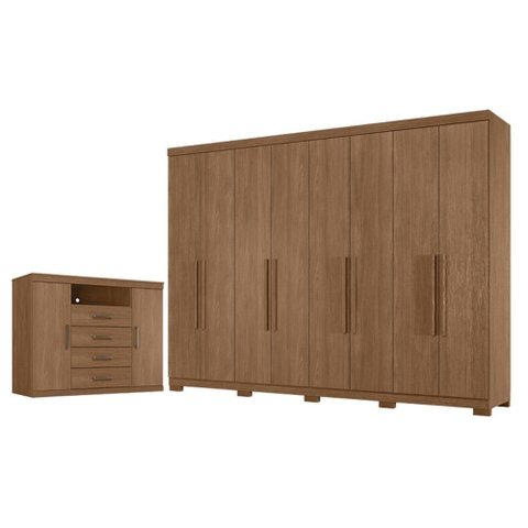 Guarda Roupa Casal 8 Portas 4 Gavetas Master New com Pés e Cômoda Havana Master Jatobá Acetinado