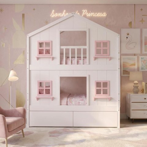Beliche Infantil Casinha Dos Sonhos com Gavetas Madeira Maciça Branco Rosa Housin