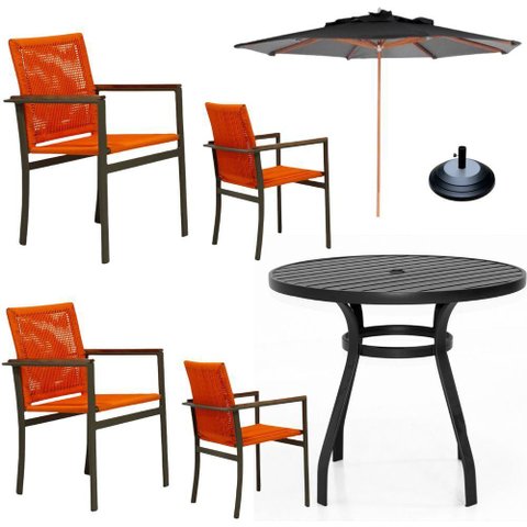 Jogo Conjunto de Mesa 4 Cadeiras Jardim Piscina em Corda Náutica e Aluminio Laranja
