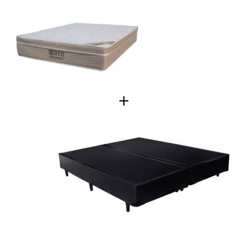 Cama Box Queen 158 Bipartido Sintético Preto com Colchão Ortobom Airtech Spring Pocket D26 Bege 70x1