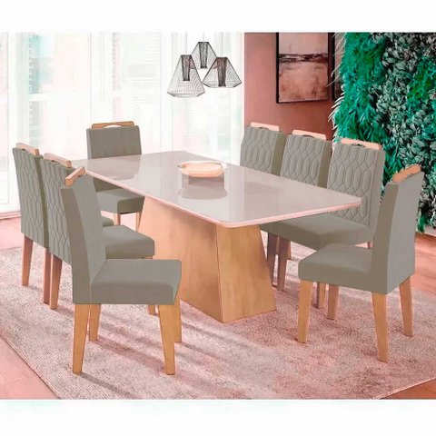 Conjunto Sala de Jantar Mesa Helena 210x100 Cm e 8 Cadeiras Paola Wood Cimol Madeira/offwhite/joli