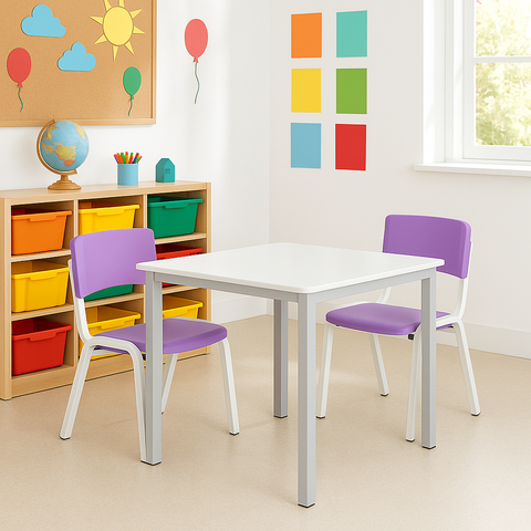 Conjunto Mesa Infantil Quadrada com 2 Cadeiras Roxas em Polipropileno e Aço