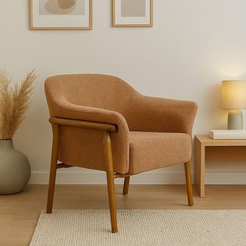 Poltrona Luna Base Madeira Castanho Poliéster Bouclé Terracota - Nexta Casa
