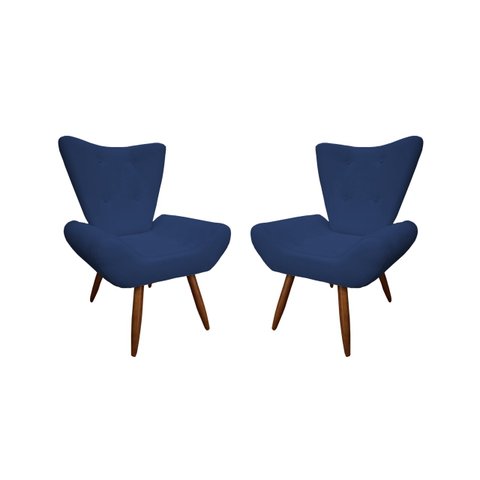 Kit 2 Poltronas Decorativa Emilia Suede Azul Marinho Pés Madeira Mz Decor