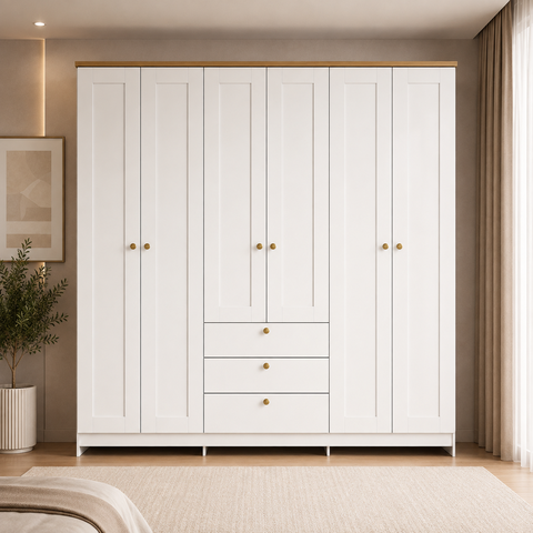 Guarda-Roupa Casal 182cm 6 Portas 3 Gavetas RP2630 Branco/Ipê - Decibal