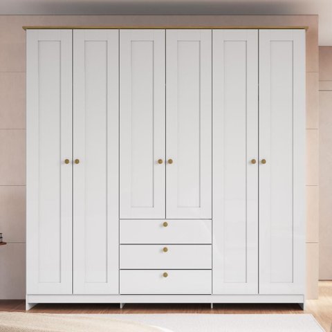 Guarda-Roupa Roupeiro Casal 6 Portas 3 Gavetas 182cm Branco/Ipê - Decibal
