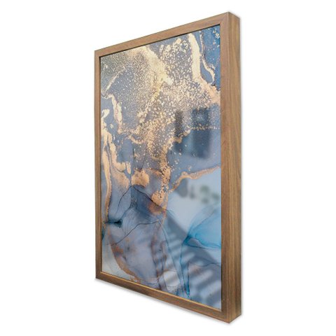Quadro Decorativo Caixa Alta com Vidro Abstrato Mármore Azul Perolado TaColado Moldura Madeira 90 x 