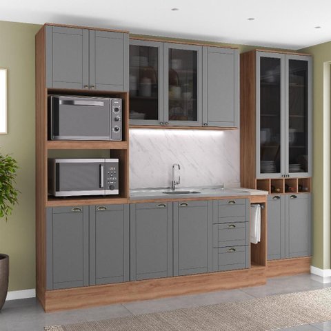 Cozinha Milla Clean 13 Portas 3 Gavetas MDF-MDP 280cm Cinza com Nogal Móveis Carraro