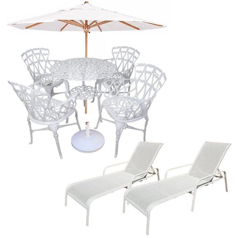 Conjunto com Mesa Ripada + 4 Cadeiras de Jardim e Piscina + Ombrelone com Base Branco