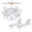 Ver imagem 1 de Conjunto com Mesa Ripada + 4 Cadeiras de Jardim e Piscina + Ombrelone com Base Branco