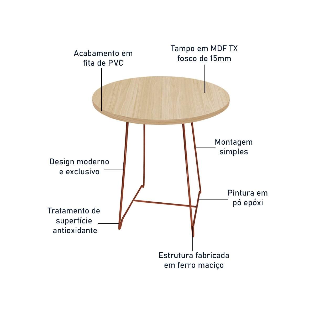 Mesa de Canto Lateral Amsterdã Alta Redonda Cobre e Jade - 5