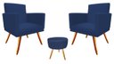 Ver imagem 1 de Kit 2 Poltronas Decorativa Bia + Puff Redondo Suede Azul Marinho Pés Madeira Mz Decor
