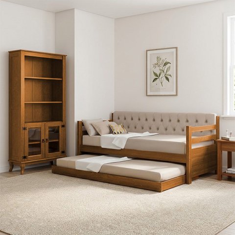 Kit Sofá-Cama Verona e Livreiro com 2 Portas de Madeira Madri Alto Padrão Multifuncional Freijó