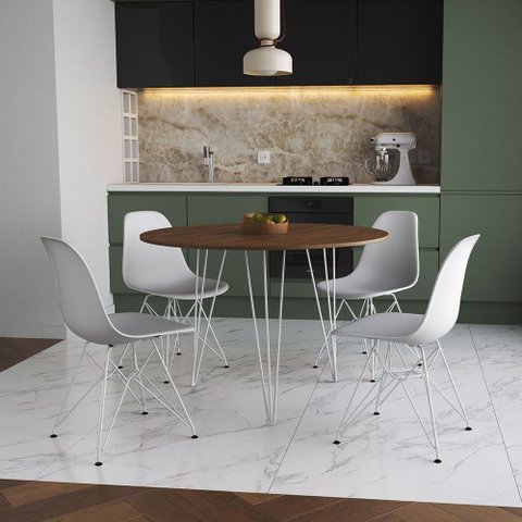 Mesa De Jantar Redonda 90Cm Amêndoa Clips 3 Pés Com 4 Cadeiras Brancas Ferro Branco Cor: Amendoa