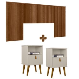 Kit Para Quarto Cabeceira Queen Casal Ripada Com 2 Mesas De Cabeceira Freijó Shop JM - 1