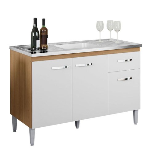 Balcão de Pia sem Tampo 120 Cm 3 Portas 1 Gaveta Graziela Amendôa/branco