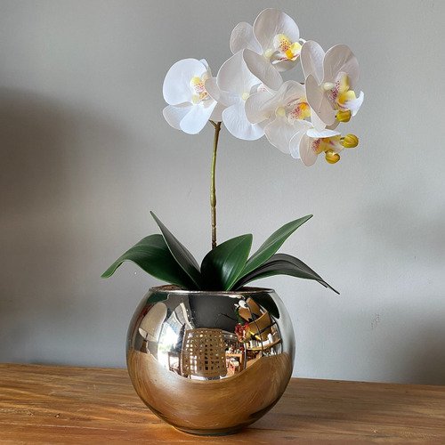 Orquídea Branca Artificial Arranjo No Vaso Espelhado Flores