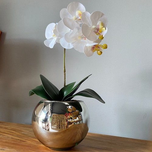 Orquídea Branca Artificial Arranjo No Vaso Espelhado Flores - 3