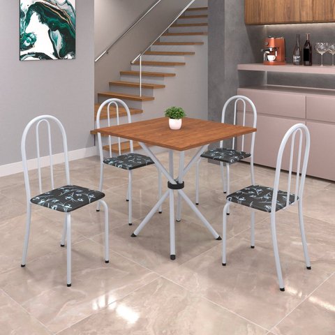 Conjunto de Mesa Tubular 70x70cm Tampo em MDF com 4 Cadeiras Ane B Branco/Preto