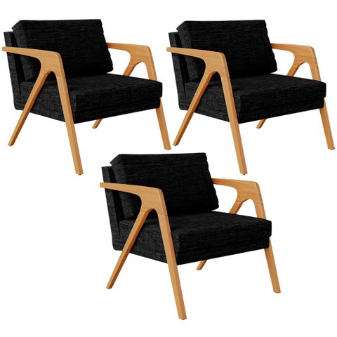 Kit 3 Poltronas Decorativa para Sala Estar Pietra Estrutura de Madeira L02 Linho Chumbo - Lyam