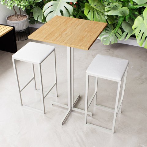 Conjunto Mesa Alta Bar Bistrô Quadrada Pinus 2 Bancos Estofado Don Castro Decor