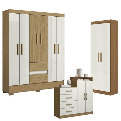 Guarda Roupa Casal Coimbra 2005138 com Armário Multiuso New 2000191 e Cômoda Londres Atacama Off Whi