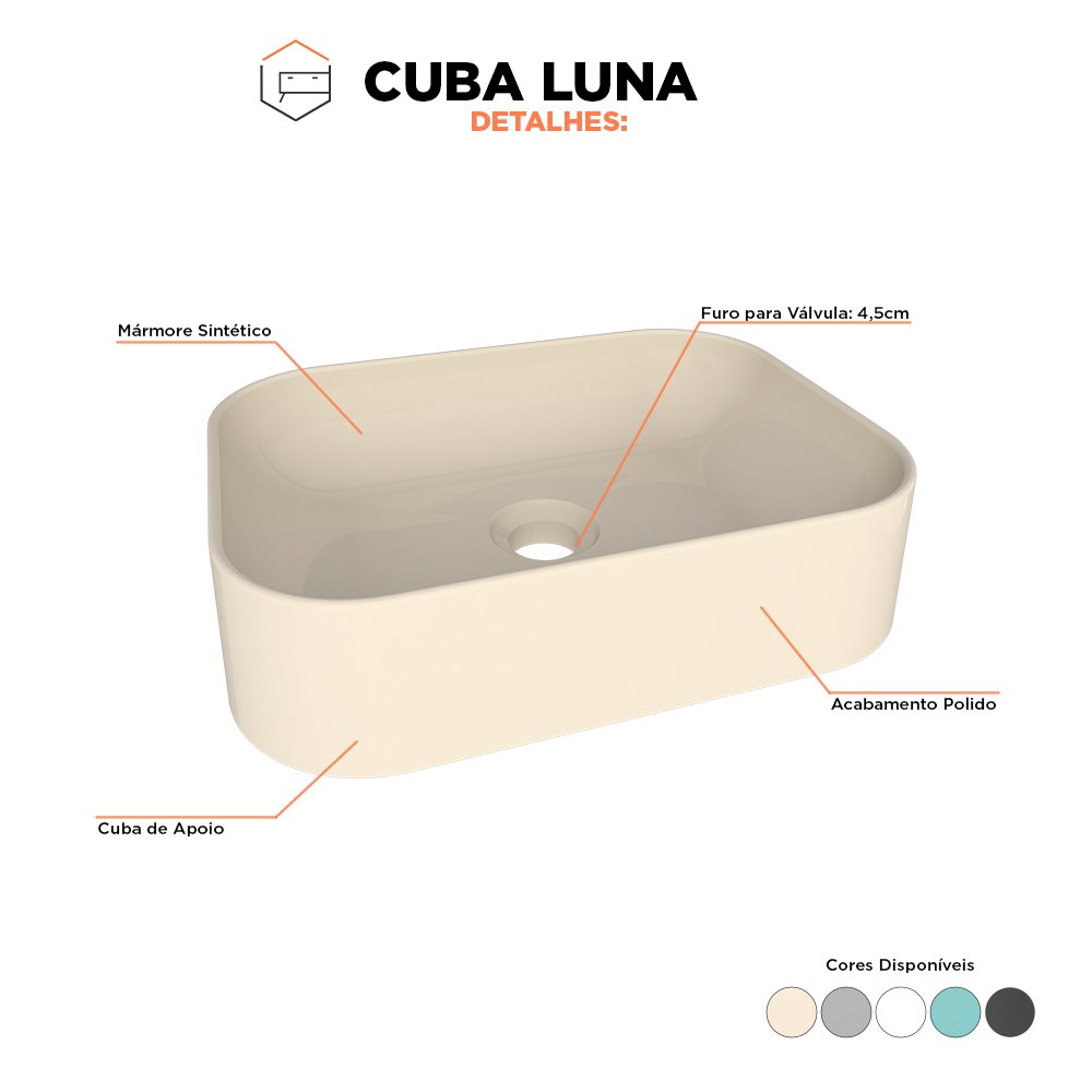 Cuba de Apoio para Banheiro em Mármore Sintético Luna Areia - Cozimax - 3