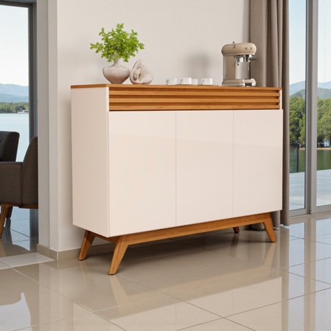Aparador Buffet Balcão 3 Portas Ripado 2 Prateleiras Pés e Base Madeira Maciça:off White/nature