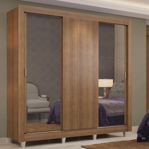 Guarda-roupa Casal Madesa Lyon 3 Portas de Correr com Espelhos 2 Gavetas com Pés
