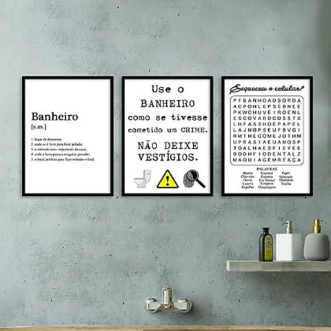 Kit 3 Quadros Divertidos Para Banheiro 24x18cm - com vidro:Madeira preta