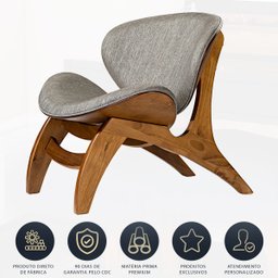 Poltrona Estofada Decorativa Pérola 76 x 72 Cm Madeira Maciça Imbuia Linho Cinza L55 - 5