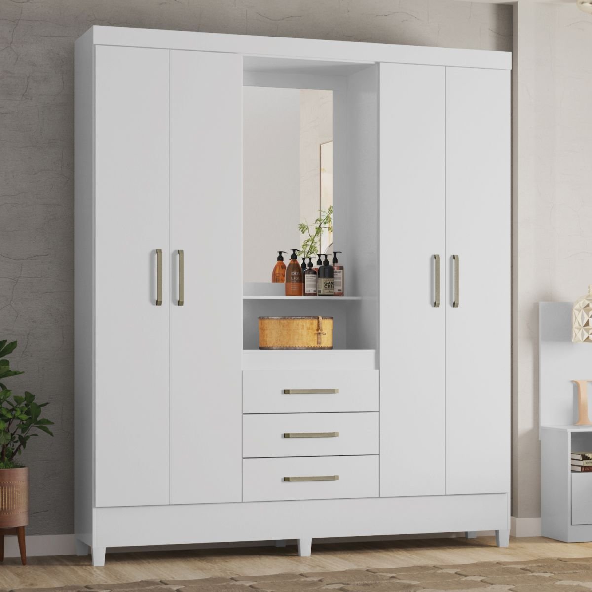 Guarda-Roupa Capelinha com Espelho 4 Portas e 3 Gavetas Persia Branco/Branco- Rosa Menor preço em Guarda-Roupa Capelinha com Espelho 4 Portas e 3 Gavetas Persia Branco/Branco- Rosa