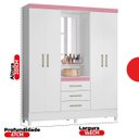 Ver imagem 4 de Guarda-Roupa Capelinha com Espelho 4 Portas e 3 Gavetas Persia Branco/Branco- Rosa