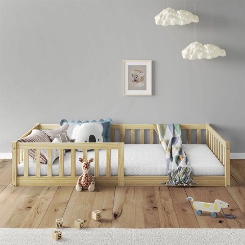Cama Infantil Solteiro Chão com Grades Montessoriana Gustavo Natural Idimex