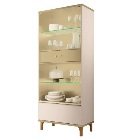 Cristaleira de Vidro Alvorada 76 cm com LED Pés em Madeira Maciça H01- D'Rossi
